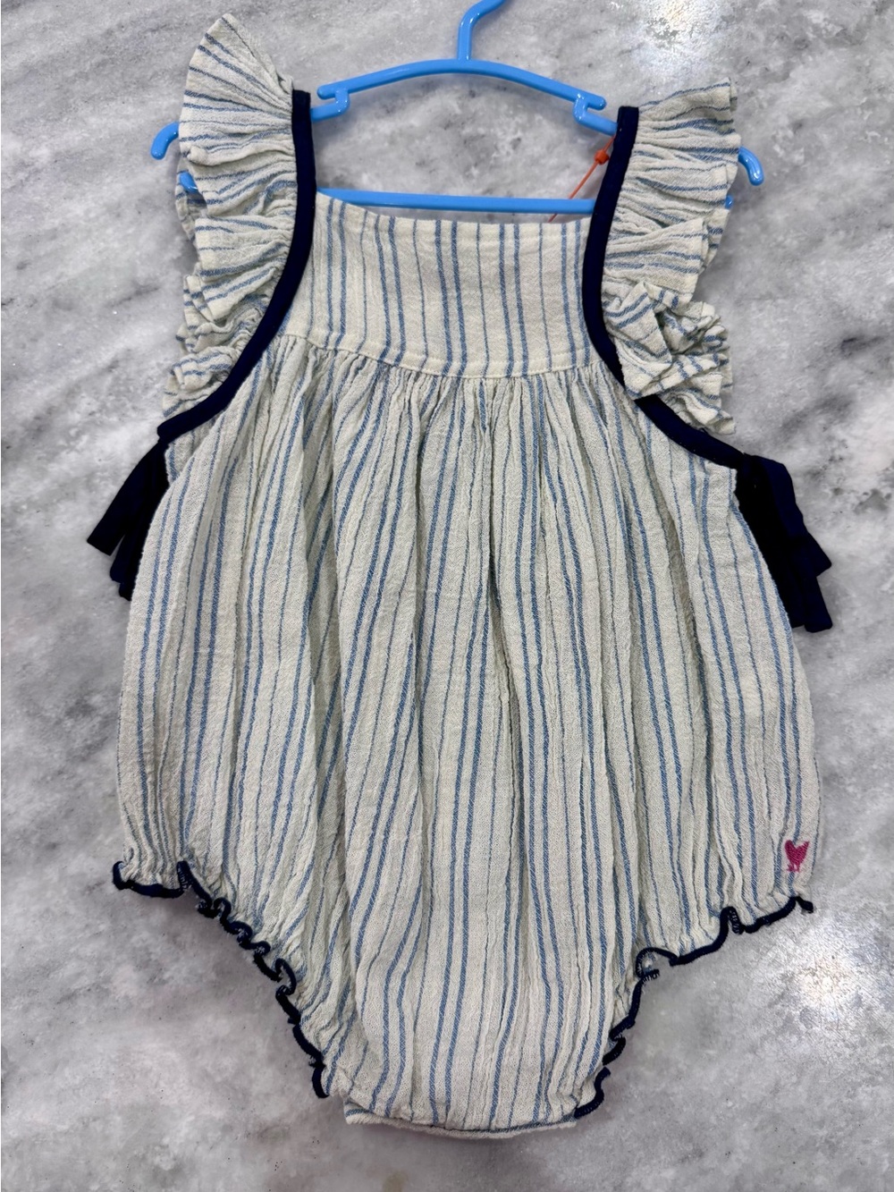 Pink Chicken Blue & White Striped Ruffle Romper